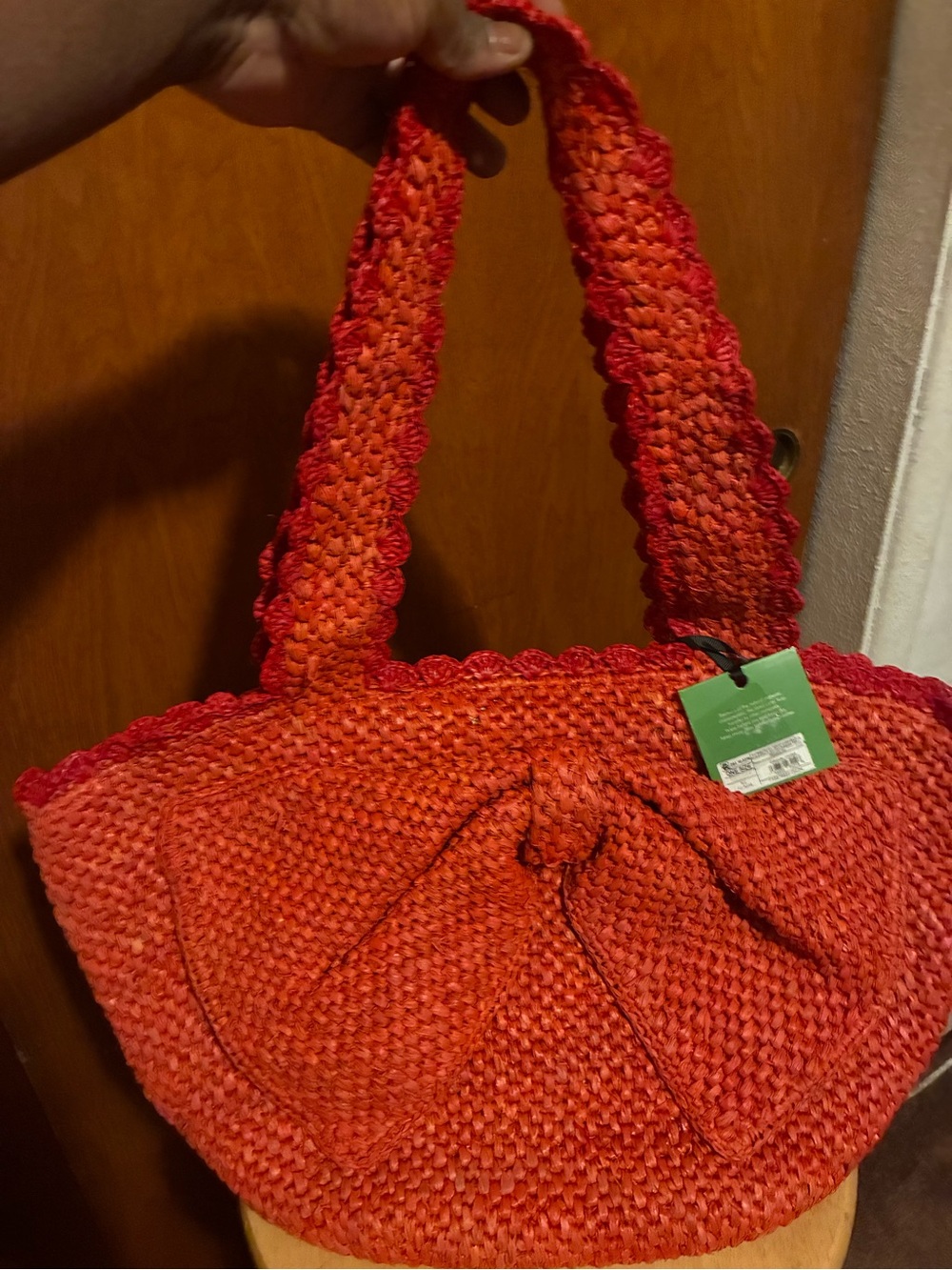 Handwoven Red Straw Tote with Bow Accent